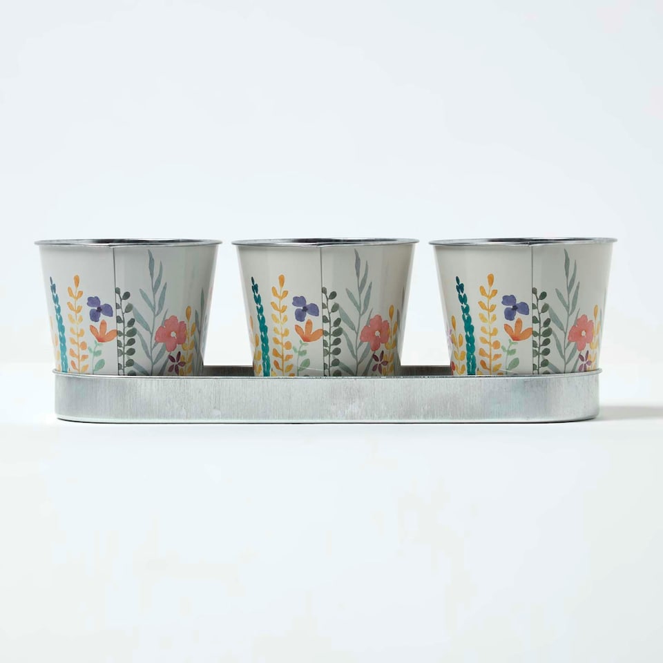image 1 of Homescapes Set of 3 Herb Pots with Tray, Multi-Coloured Floral Design Multi
