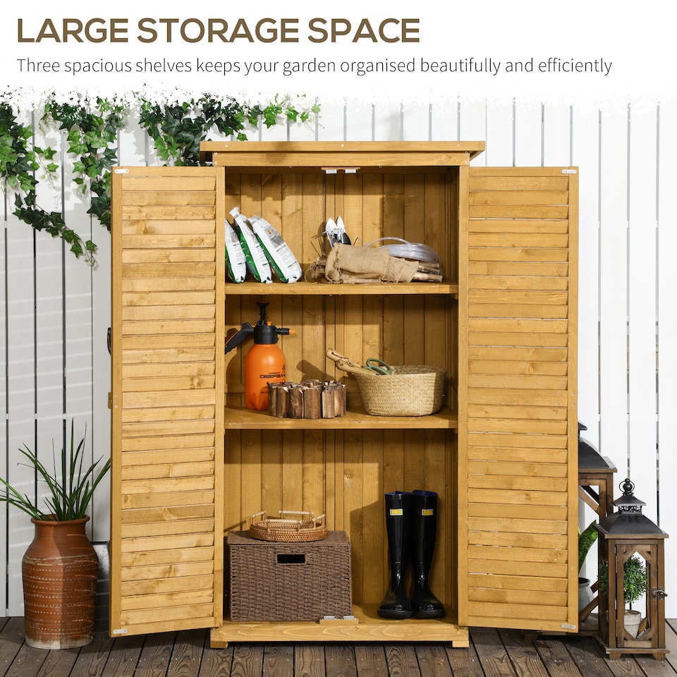 image 1 of Outsunny Wooden Garden Storage Shed, 3 Shelves Tool Cabinet, Natural | White