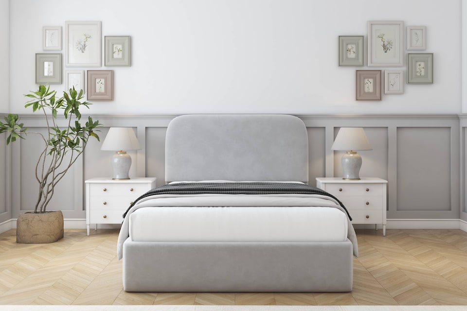 image 1 of Sloomy Belvoir Silver Plush Bed Frame With 45" Upholstered Headboard 4' Small Double