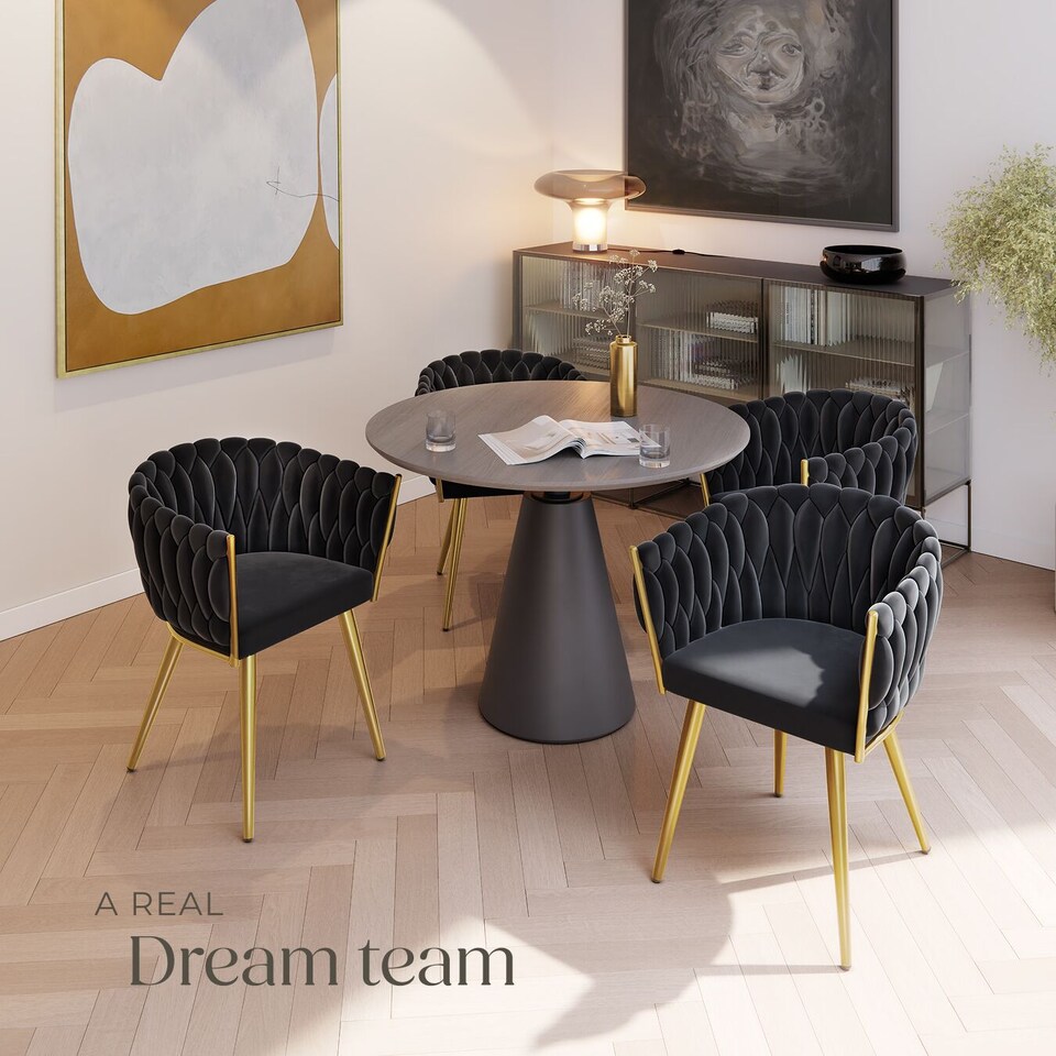 image 1 of Dining Chair Astano - padded, velvet, knot design, continuous backrest | Black | black/gold | 4