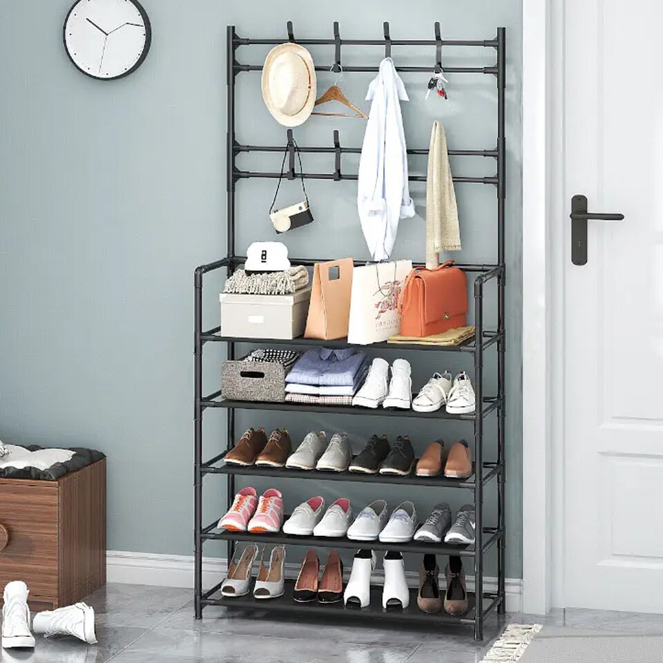 image 1 of Living and Home 5-Tier Freestanding Coat Rack with Shelves - 80x175cm Black