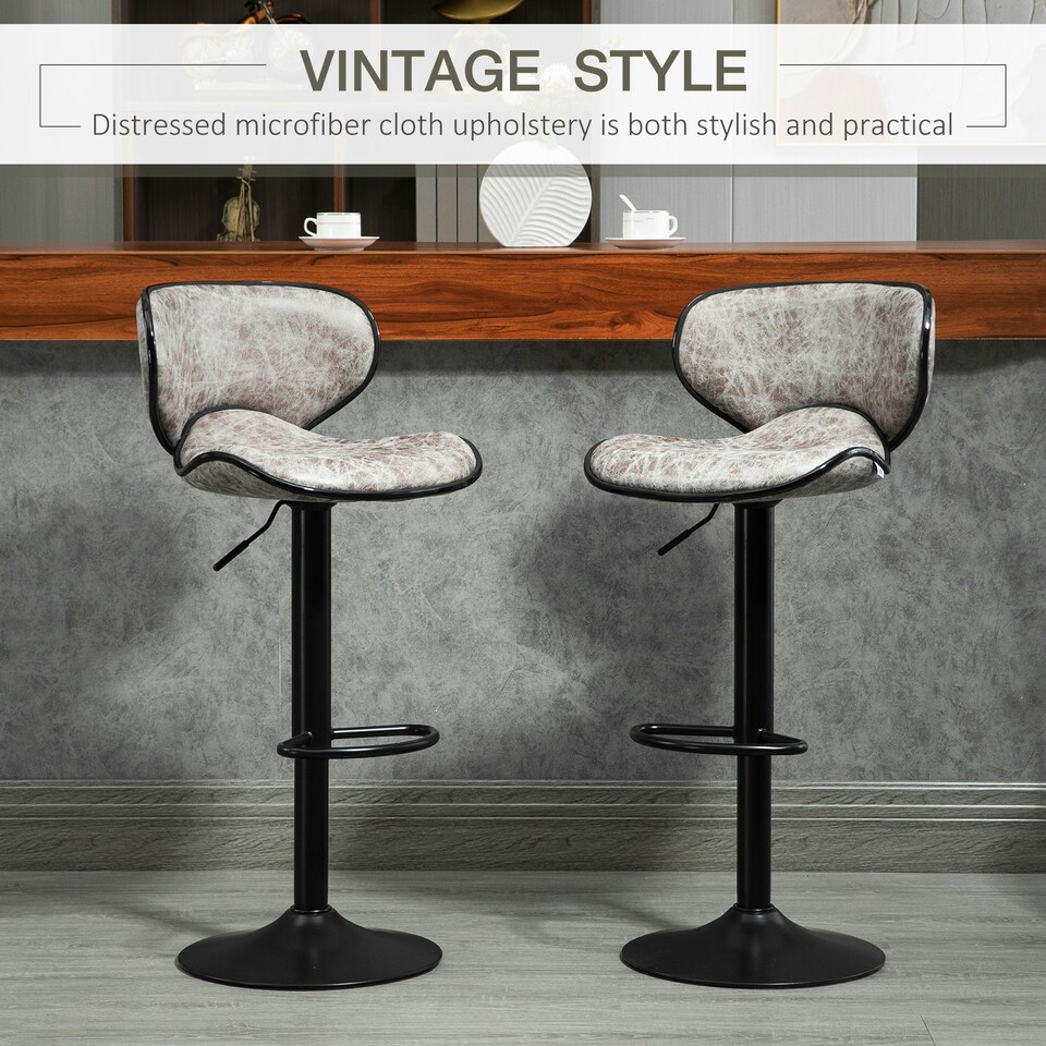image 1 of HOMCOM Bar Stool Set of 2 Microfiber Cloth Adjustable Armless Chairs Grey
