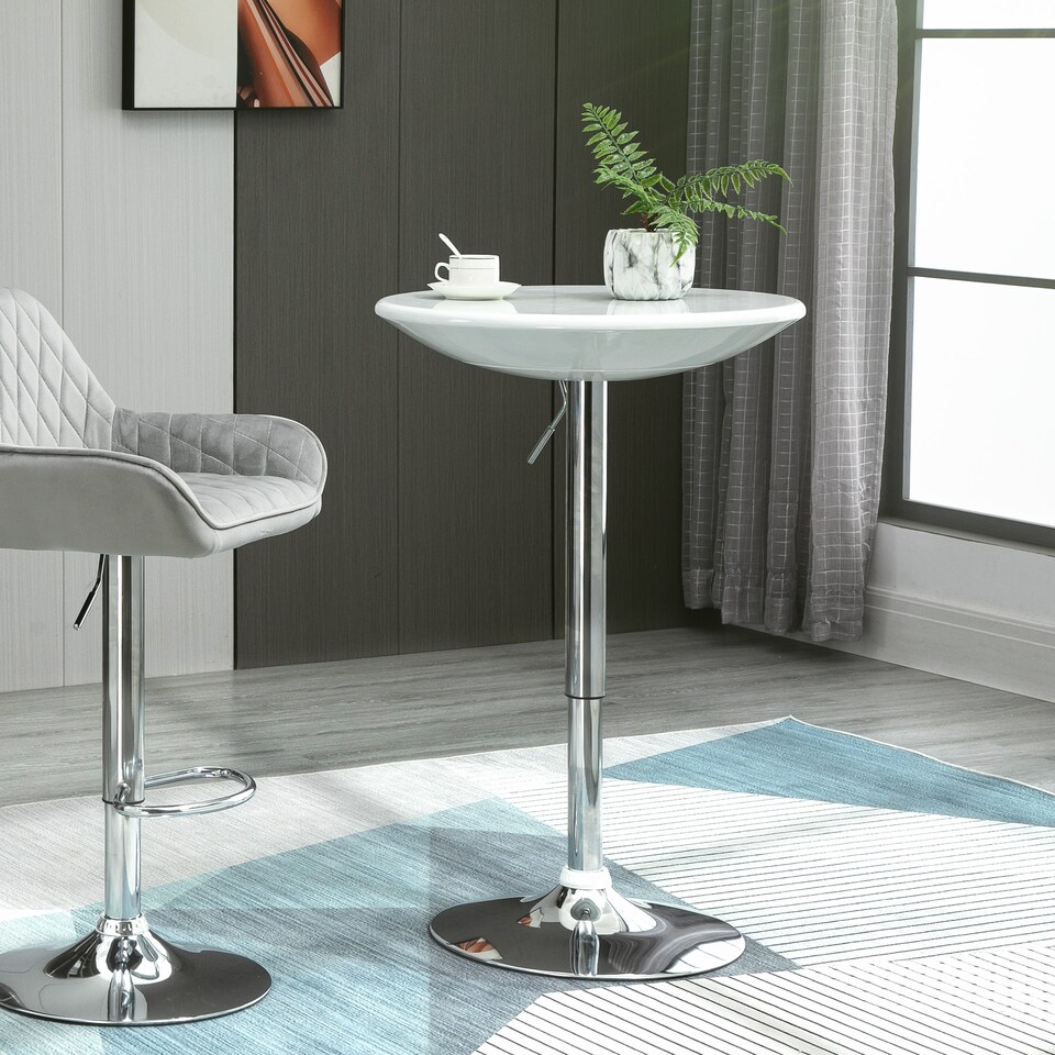 image 1 of HOMCOM Modern Round Bar Table Adjustable Height Home Pub Bistro Desk Swivel Painted Top with Silver Steel Leg and Base, White