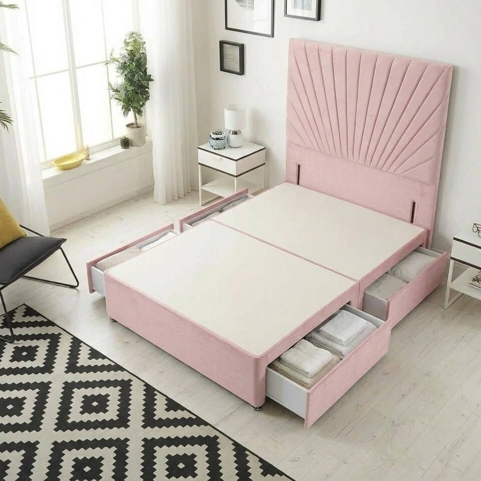 image 1 of Sunburst Divan Bed with 4 Drawers & 54'' Floor Standing Headboard Plush Velvet | Pink | Pink