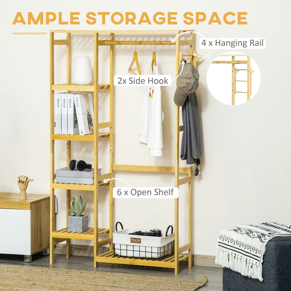 image 1 of HOMCOM Bamboo Coat Rack w/ Hooks Hanging Rail and Storage Shelf for Entryway