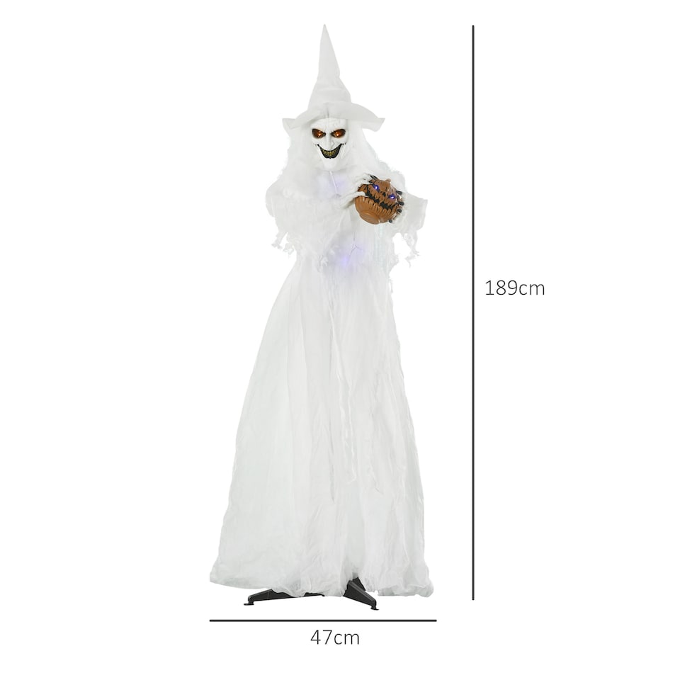 image 1 of Outsunny 74 Inch Halloween Decorations White Witch Holding Pumpkin Head, Standing Skeleton Ghost Prop Life Size with Light Up Eyes and Body