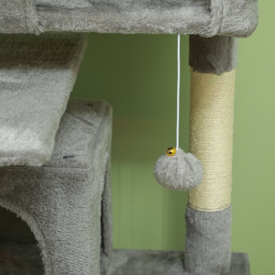 image 1 of PawHut 138cm Cat Tower with Scratching Posts Bed Condo Platform, Light Grey