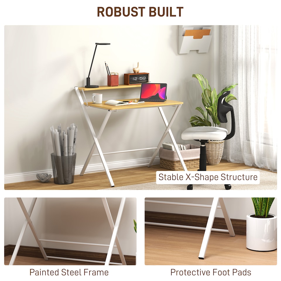 image 1 of HOMCOM Compact Folding Desk for Small Spaces, Foldable Computer Desk with Storage Shelf for Home Office, 2-Tier Study Writing Table, 86 x 66 x 82 cm, Maple Wood-effect