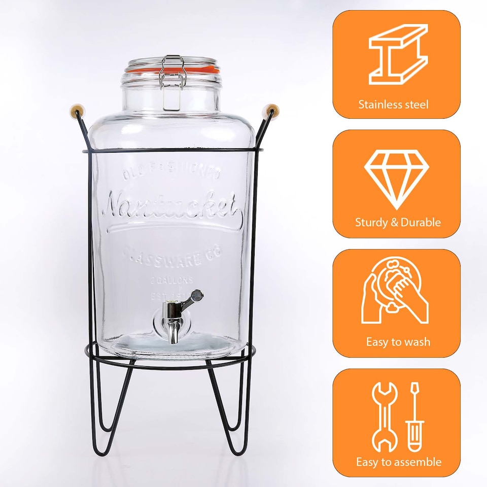 image 1 of 8L Glass Vintage Beverage Drinks Dispenser on Metal Stand Cocktail Jar with Tap