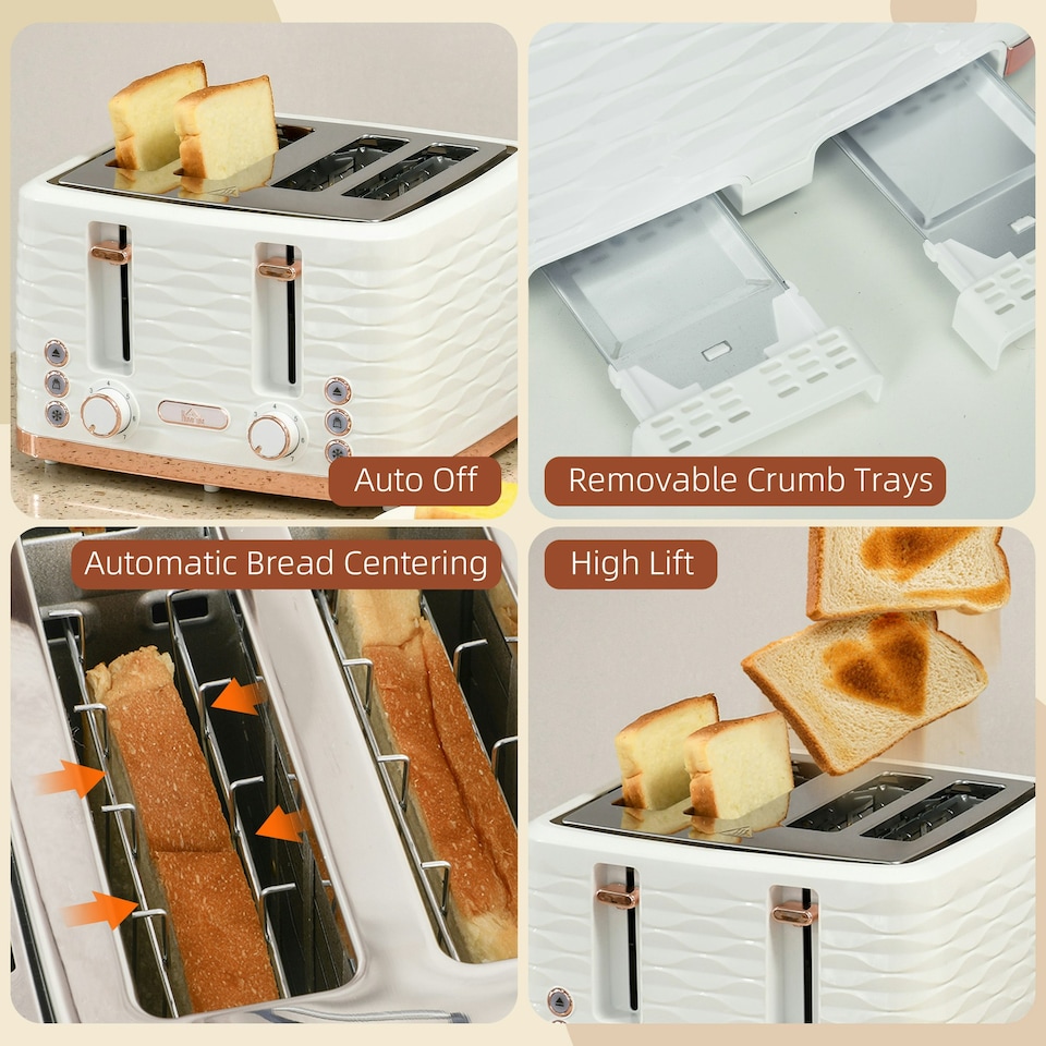 image 1 of HOMCOM Toaster with 4 Slot, 7 Browning Levels, 1600W, White Ripple White