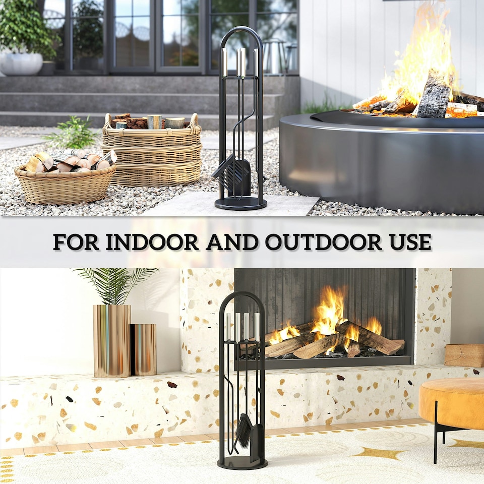 image 1 of Outsunny 5 PCS Fireplace Companion Set, Metal Fireside Companion Set, Silver