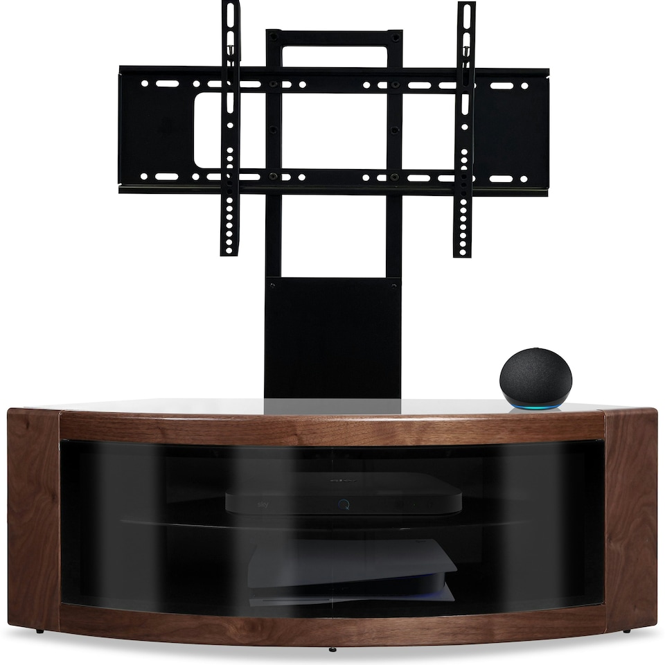image 1 of Centurion Supports PANGEA Black/Walnut Beam-Thru Curved True-Corner 32"-50" TV Cabinet with Mounting Arm Black | Walnut