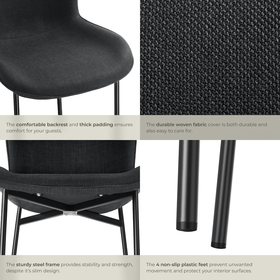 image 1 of Dining Chair Tessa - ergonomic high backrest, slim steel legs, soft fabric - Set of 2 Black | Woven Fabric Black/Black