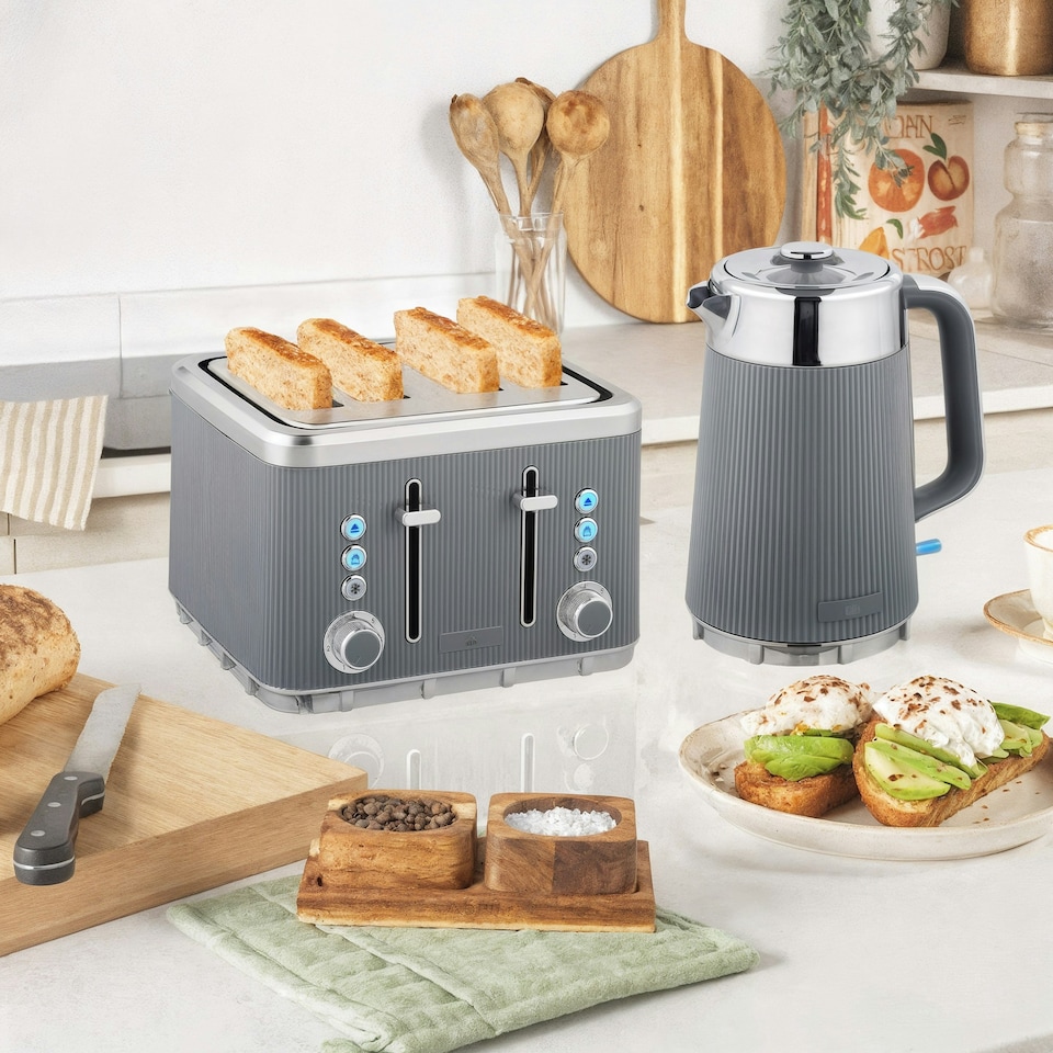 image 1 of HOMCOM 1.7L 3000W Rapid Boil Kettle and 4 Slice Toaster Set Crumb Tray Grey