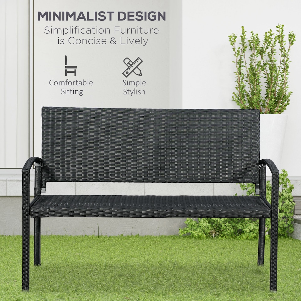 image 1 of Outsunny Patio Rattan 2 Seater Garden Bench Love Seater Garden Armchair Black
