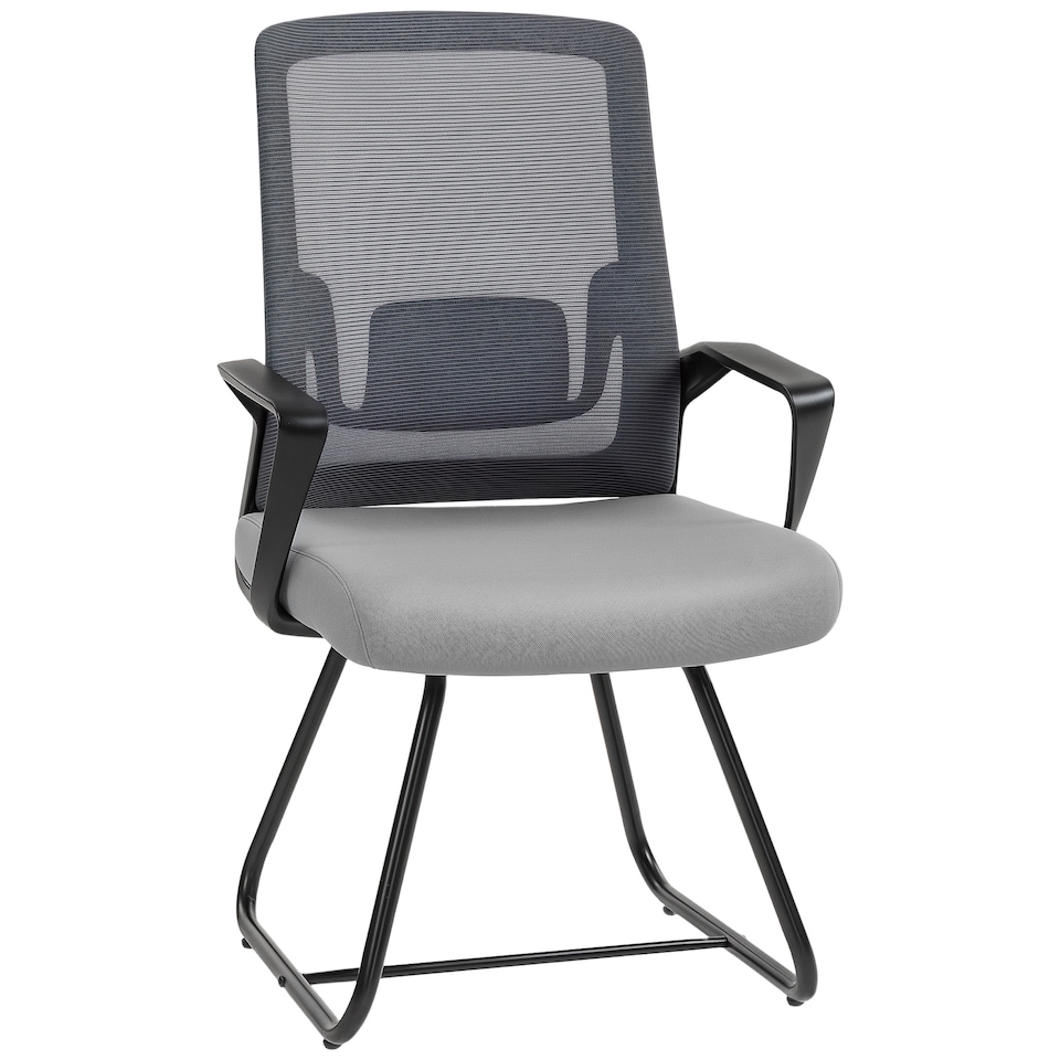 image 1 of HOMCOM Desk Chair No Wheels, Meeting Office Chair with Mesh Back, Lumbar Support, Metal Base and Armrests for Reception, Waiting Room, Conference Room, Dark Grey | Grey