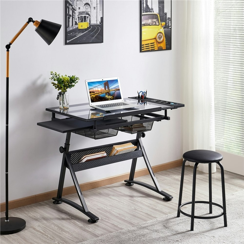 image 1 of Yaheetech Height Adjustable Glass Drafting Table & Stool Set For Artists | Black