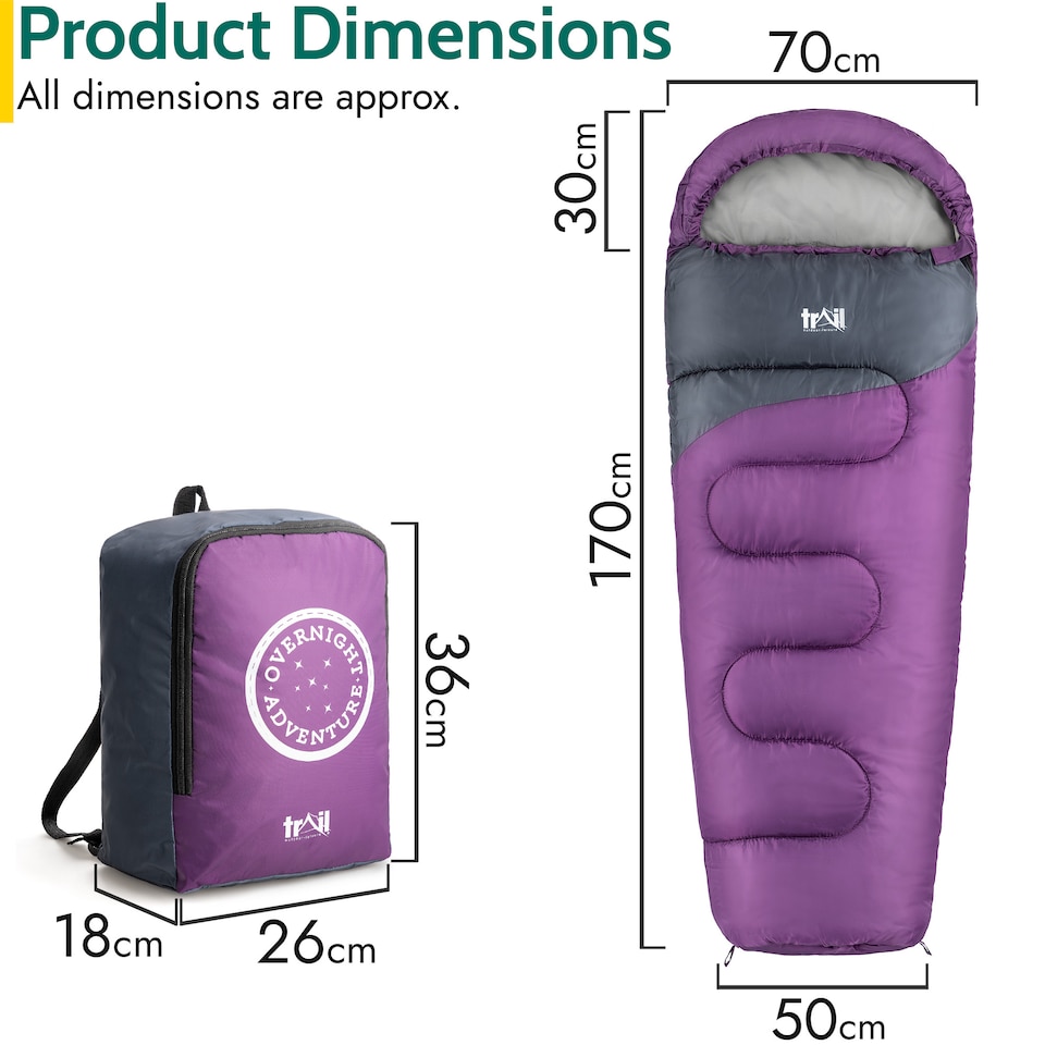 image 1 of Trail Kids Sleeping Bag Mummy Hooded 3 Season Soft Warm 2 Way Zip Boys Girls | Purple | Kids | 1