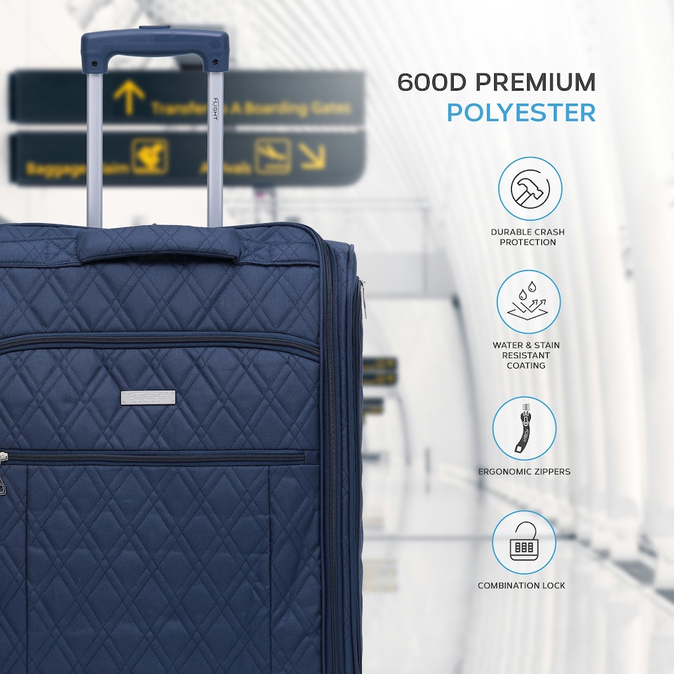 image 1 of Flight Knight 56x45x25cm easyJet & British Airways Large Carry On Approved Maximum Size Hand Luggage - 2 Wheels - Lightweight Durable Textile Cabin Suitcase Blue | Navy | Cabin Bag