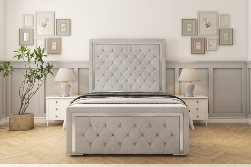 image 1 of Sloomy Sofia Chrome Silver Naples Bed Frame With Mattress With 50" Upholstered Headboard 6' Super King