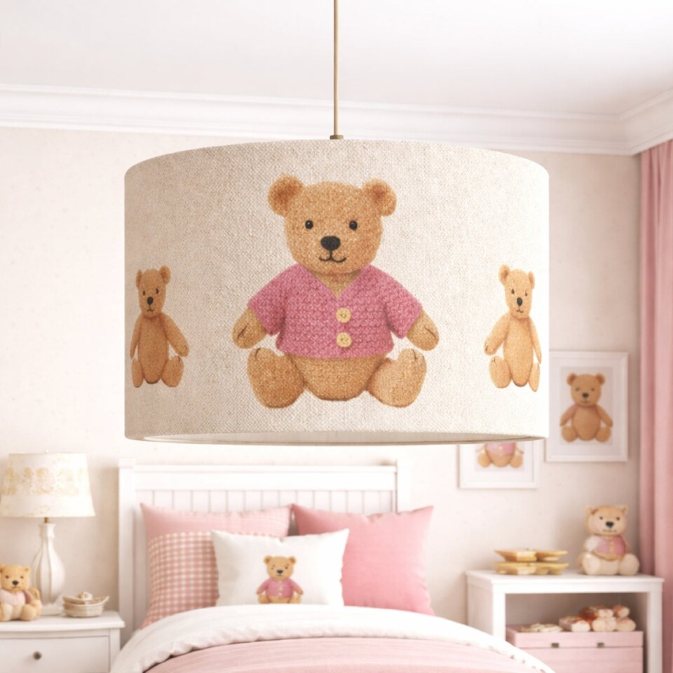 image 1 of CGC BLAKE 30cm Oatmeal Linen Pink Teddy Bear Children’s Lampshade