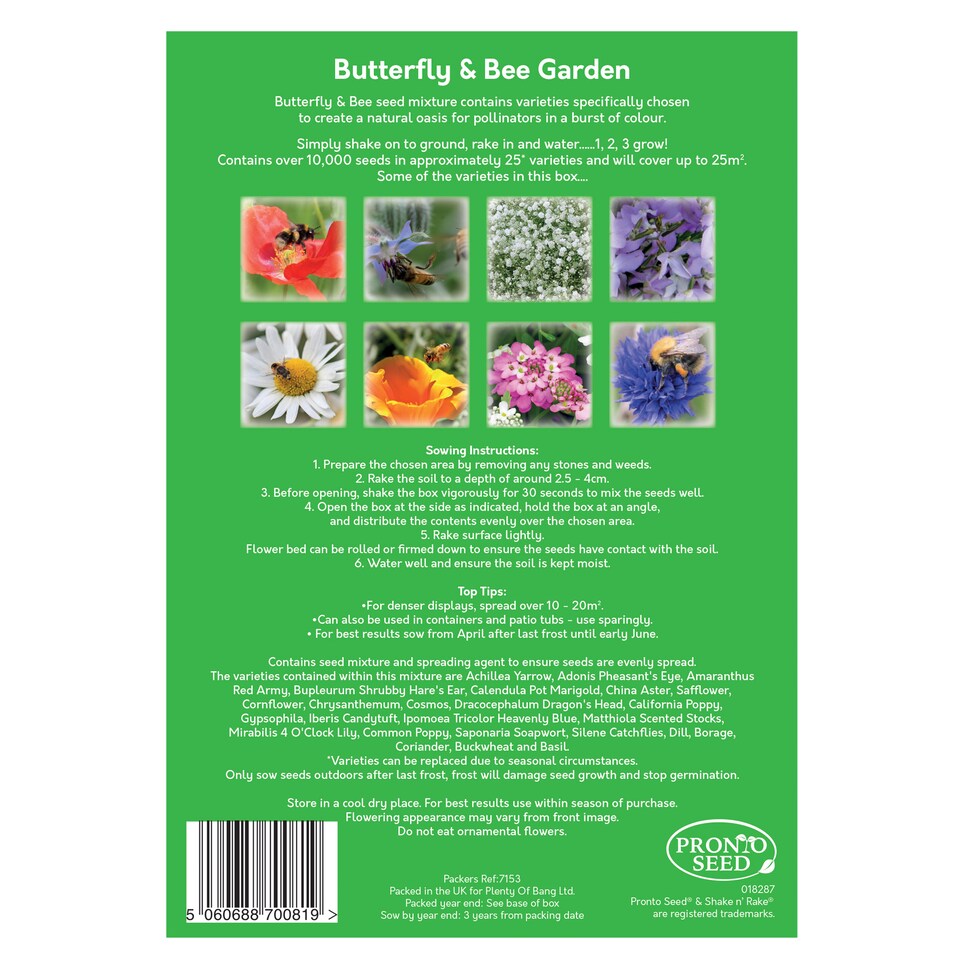 image 1 of Pronto Seed Wildflower Butterfly & Bee Garden Seed Shaker - 25m2 Garden Flower Seeds | Multi | Butterfly & Bee 25m2 | 1