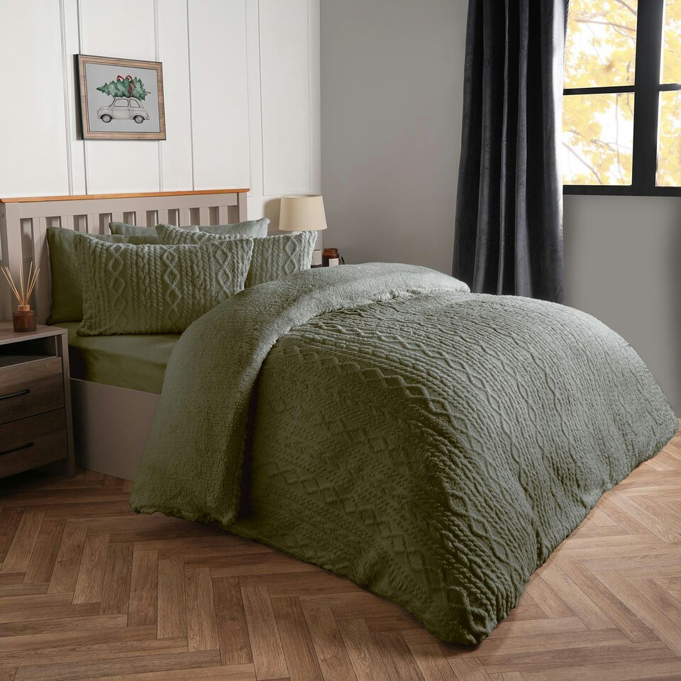 image 1 of OHS Ultra Soft Cable Knit Sherpa Fleece Duvet Set Green | Woodland Green | King