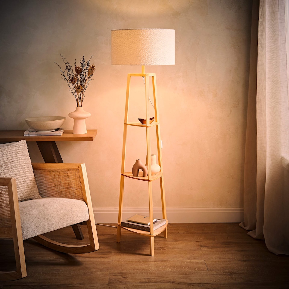 image 1 of ValueLights Hiru Wooden 3 Tier Shelf Floor Lamp Cream Shade | Cream