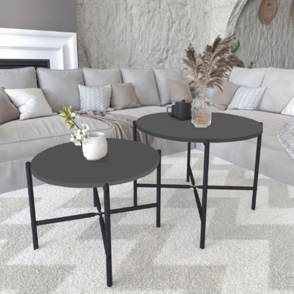 image 1 of 2-Pcs Round Wooden Nesting End Coffee & Side Table Set With Metal Legs | Black | Anthracite