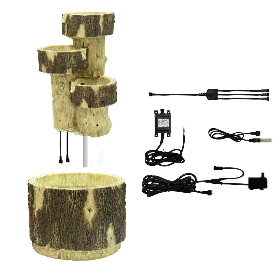 image 1 of Primrose 3 Tier Log Design Cascading Patio Water Feature with Lights Brown 75cm