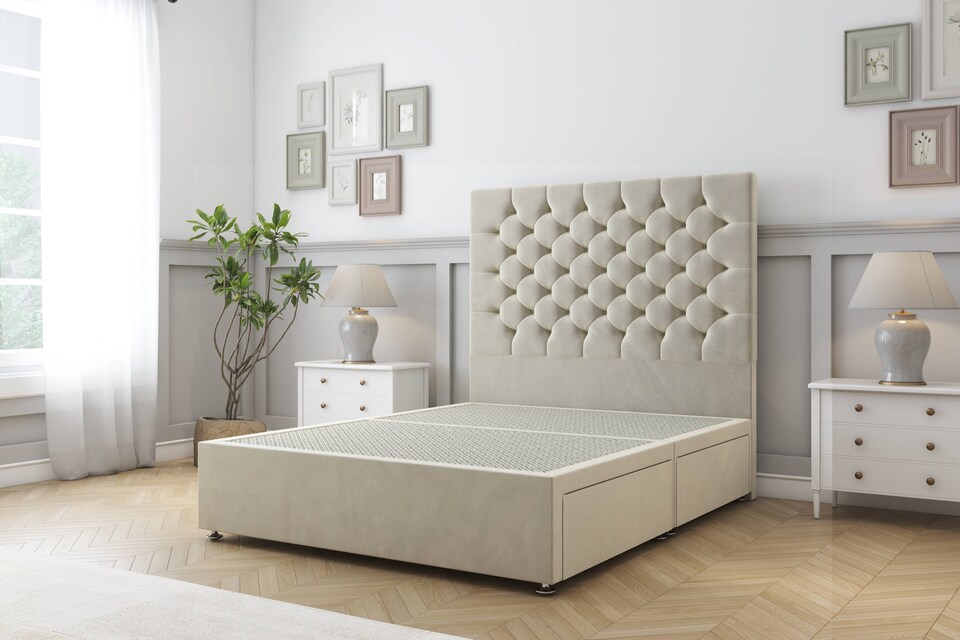 image 1 of Sloomy Mayfair Cream Plush Divan Bed Base 2 Drawers Same Side With 54 Inch Floor Standing Headboard | Cream | Cream | Super King | 1