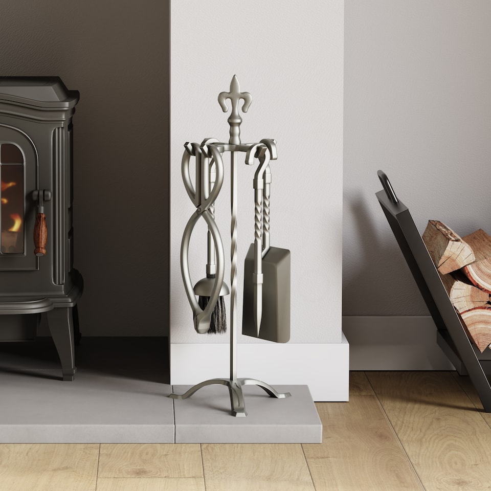 image 1 of Fire Vida 5 Piece Fleur De Lys Companion Set Fireside Fireplace Accessory, Pewter
