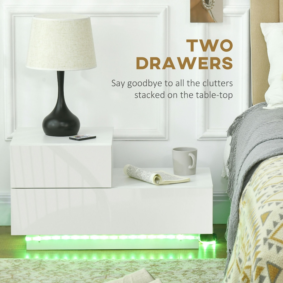 image 1 of HOMCOM High Gloss Front Bedside Table Nightstand with LED Light Remote Black