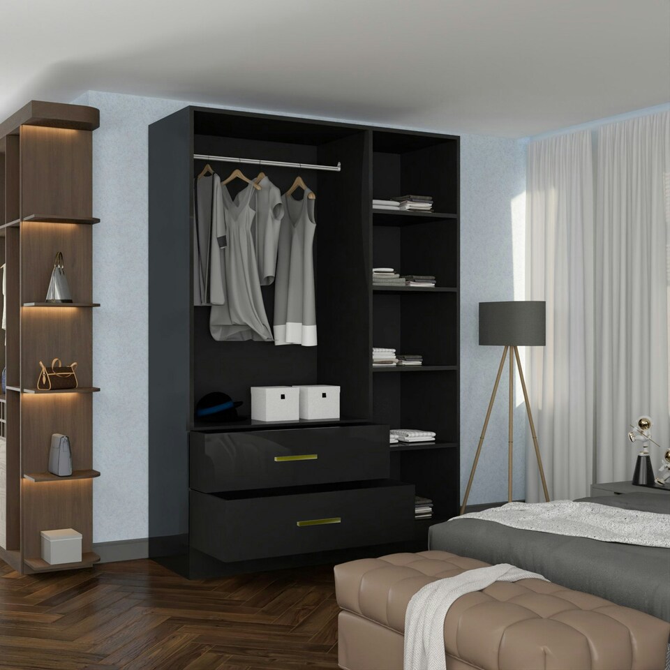 image 1 of Modern 3-Door High Gloss Wardrobe with Dual Mirrors, Gold Accent Handles, Drawers & Shelves-116cm Wide Black | Black116cm