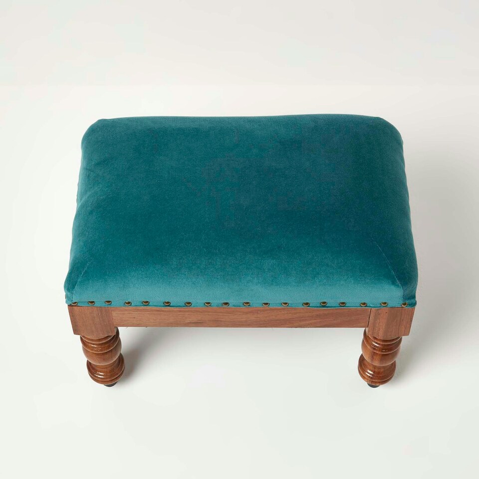 image 1 of Homescapes Mable Teal Green Velvet Rectangular Footstool