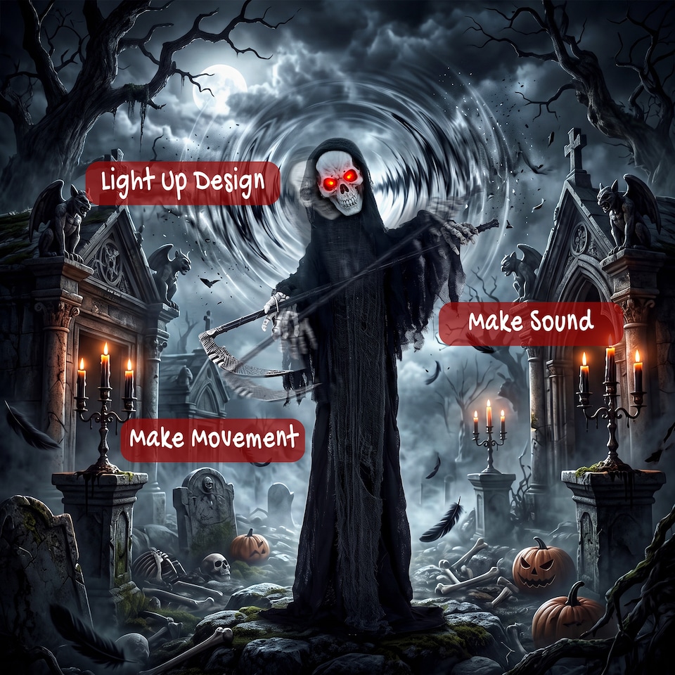image 1 of HOMCOM 72"/183cm Life Size Animated Grim Reaper Halloween Decoration