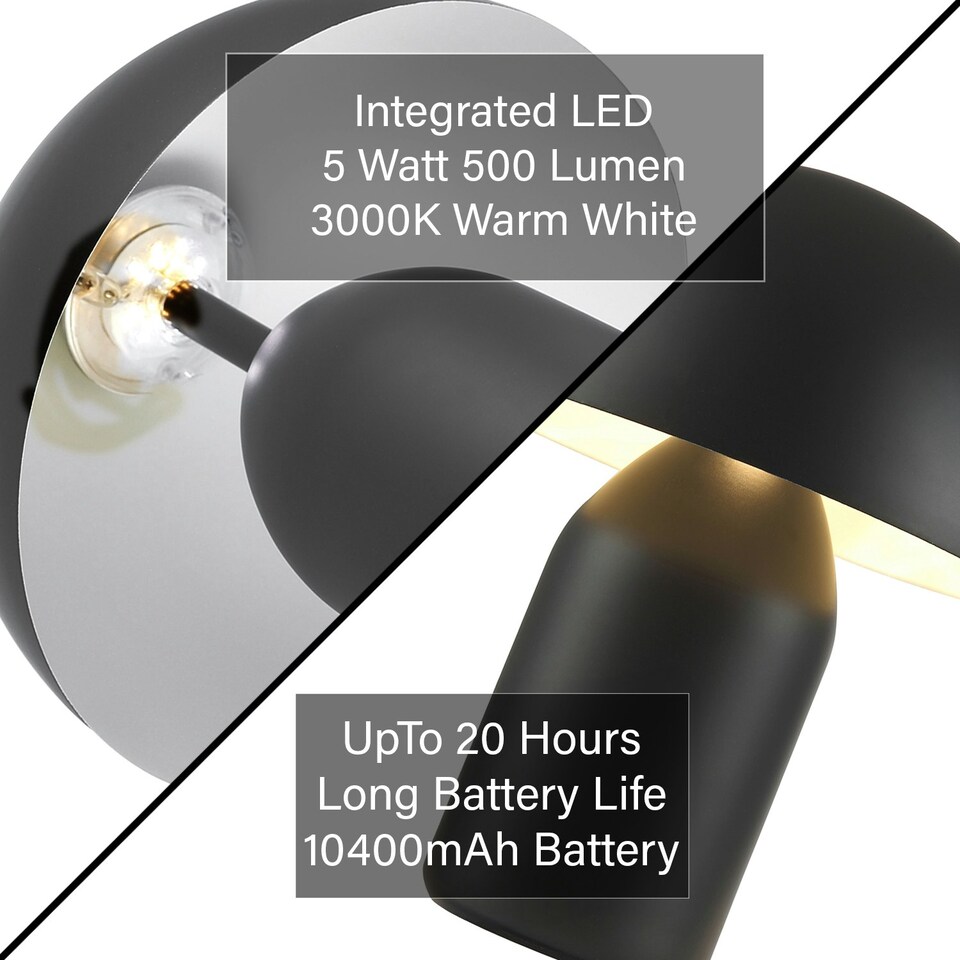image 1 of Modern Rechargeable 35cm Mushroom Lamp in Mat Black with Touch Dimmer Button Black