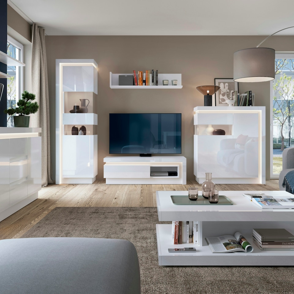 image 1 of Lyon Tall Narrow Display Cabinet (RHD) (including LED lighting) in White and High Gloss