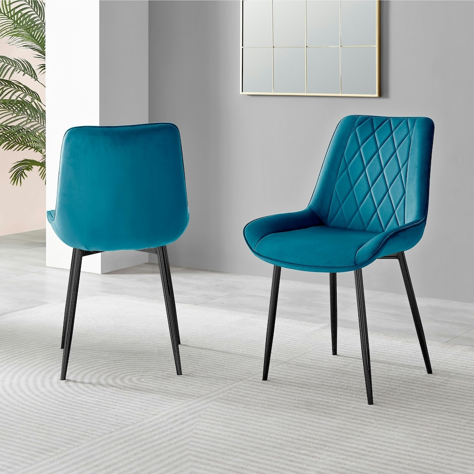 image 1 of Furniturebox Elina White Marble Effect Round Dining Table & 2 Blue Pesaro Black Leg Chairs