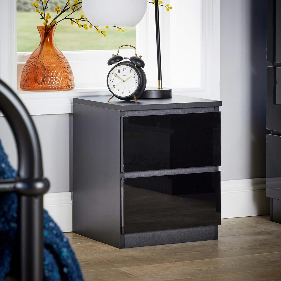 image 1 of Black 2 Drawer Bedside Cabinet Nightstand Modern Storage Unit Furniture Bedroom
