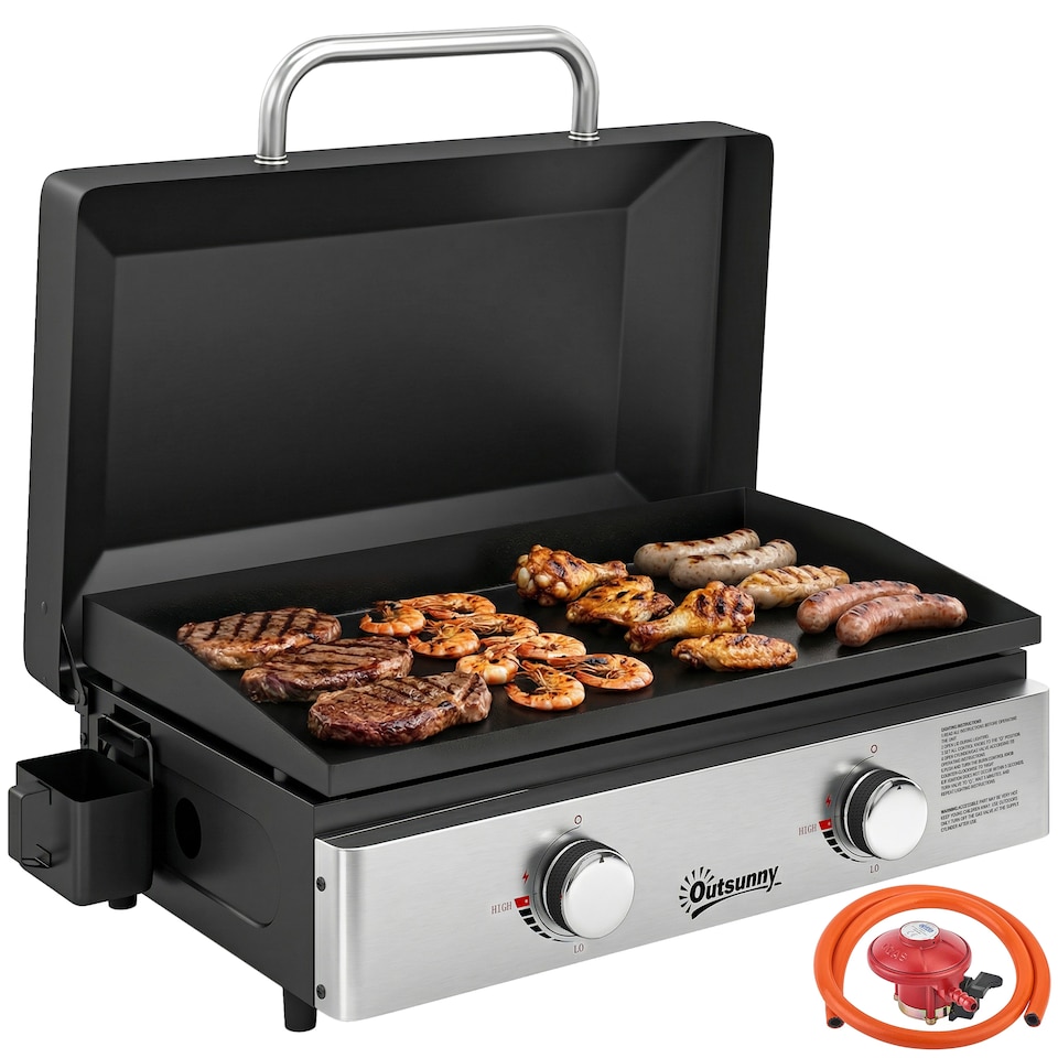 image 1 of Outsunny 2 Burner Grill Griddle, Tabletop Gas BBQ with Grease Cup, Black | Black | Black | 70.5 x 54 x 27 cm