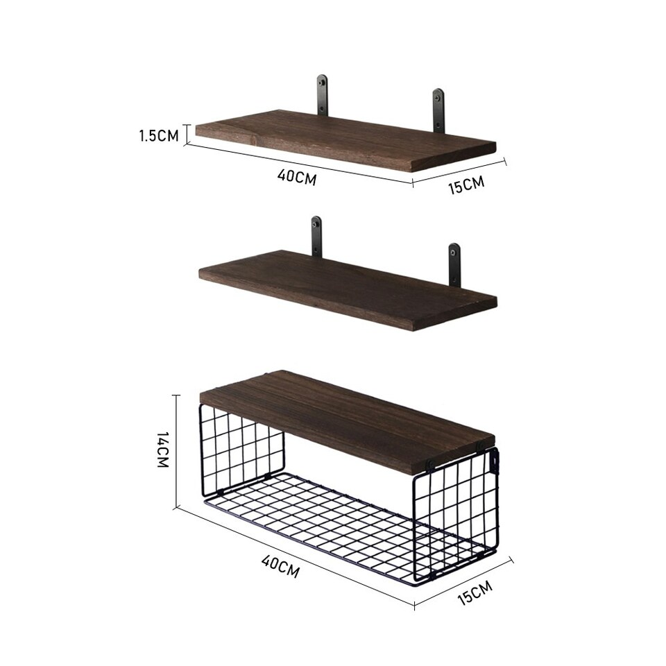 image 1 of Living and Home 3Pcs Wooden Wall Floating Shelves with Basket
