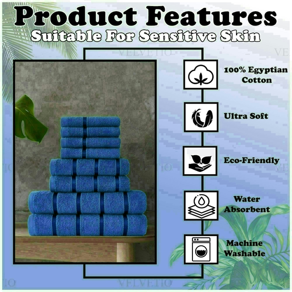 image 1 of VELVETIO 8 Piece Towel Bale Set Boston Shiny Stripe Pattern - 100% Cotton, 450 GSM Blue | Royal Blue