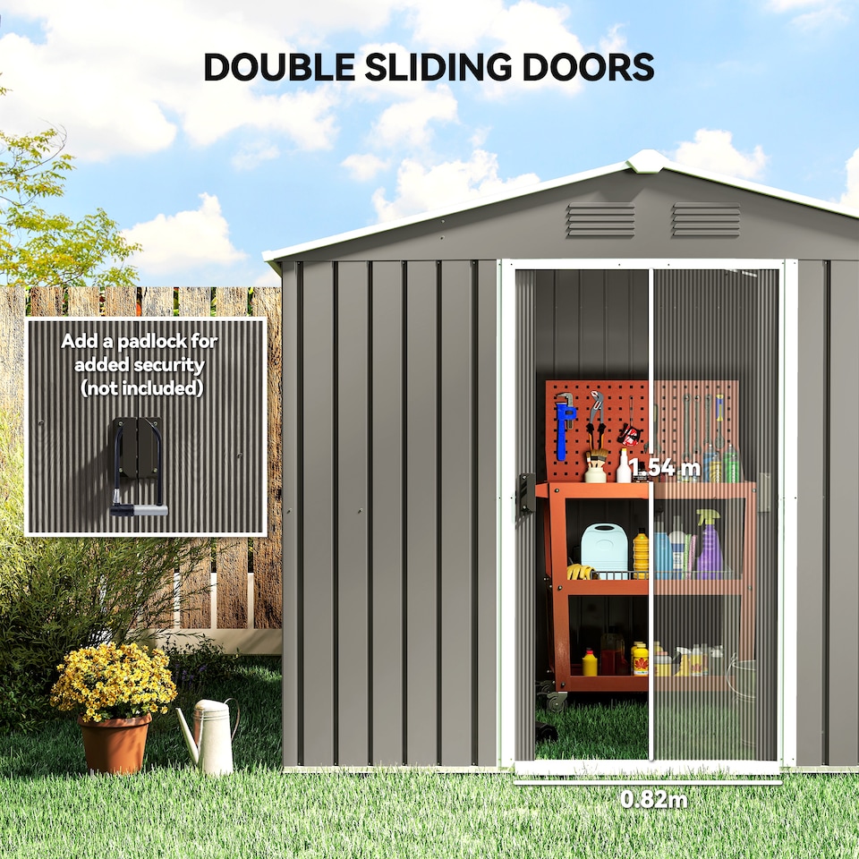 image 1 of Outsunny 7.7 x 5.7ft Metal Garden Shed with Ventilation Slots and Sliding Doors, Galvanised Outdoor Tool Storage House, Light Grey