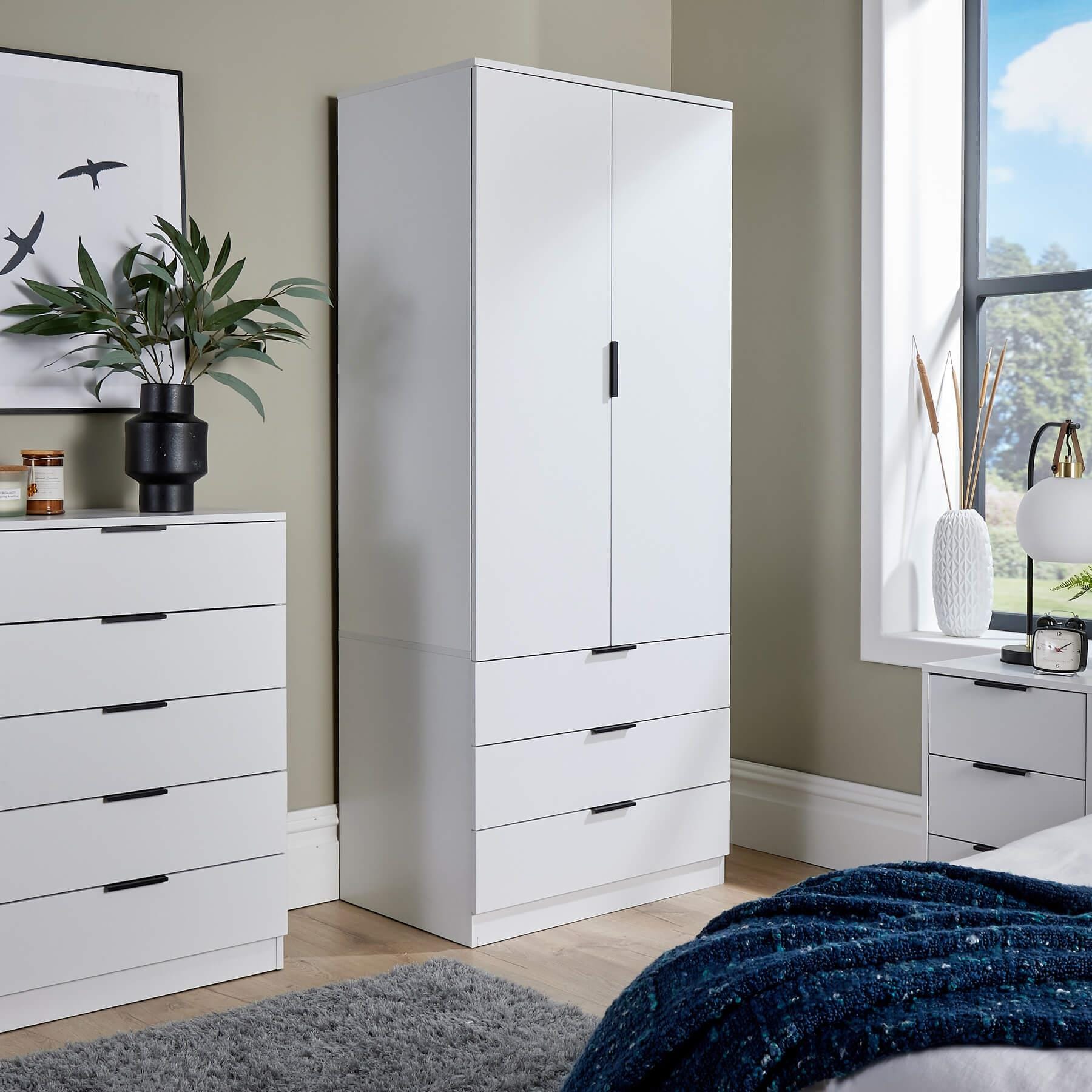 Phoenix Wardrobe 2 Door 3 Drawers Bedroom Home Furniture Clothing Storage Shelf | White