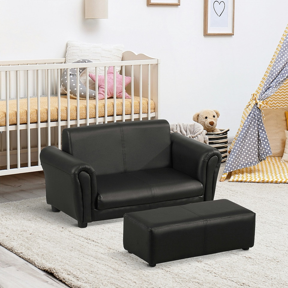 image 1 of HOMCOM Kids Twin Sofa 2 Seater Toddler Chair Double Seat Armchair w Footstool | Black | One Size