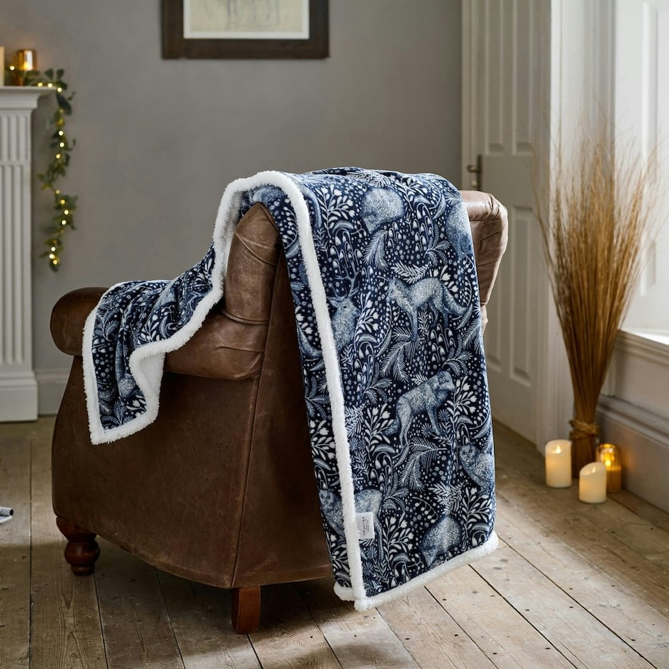 image 1 of Woodland Folk Forest Scene Flannel Throw with Sherpa Reverse – 140x180cm | Blue | Navy | 1