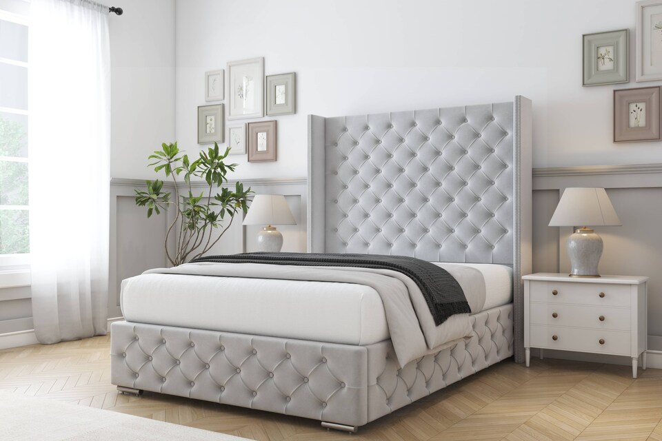 image 1 of Sloomy Arundel Silver Plush Bed Frame With 50"  Upholstered Wingback Headboard 5' King