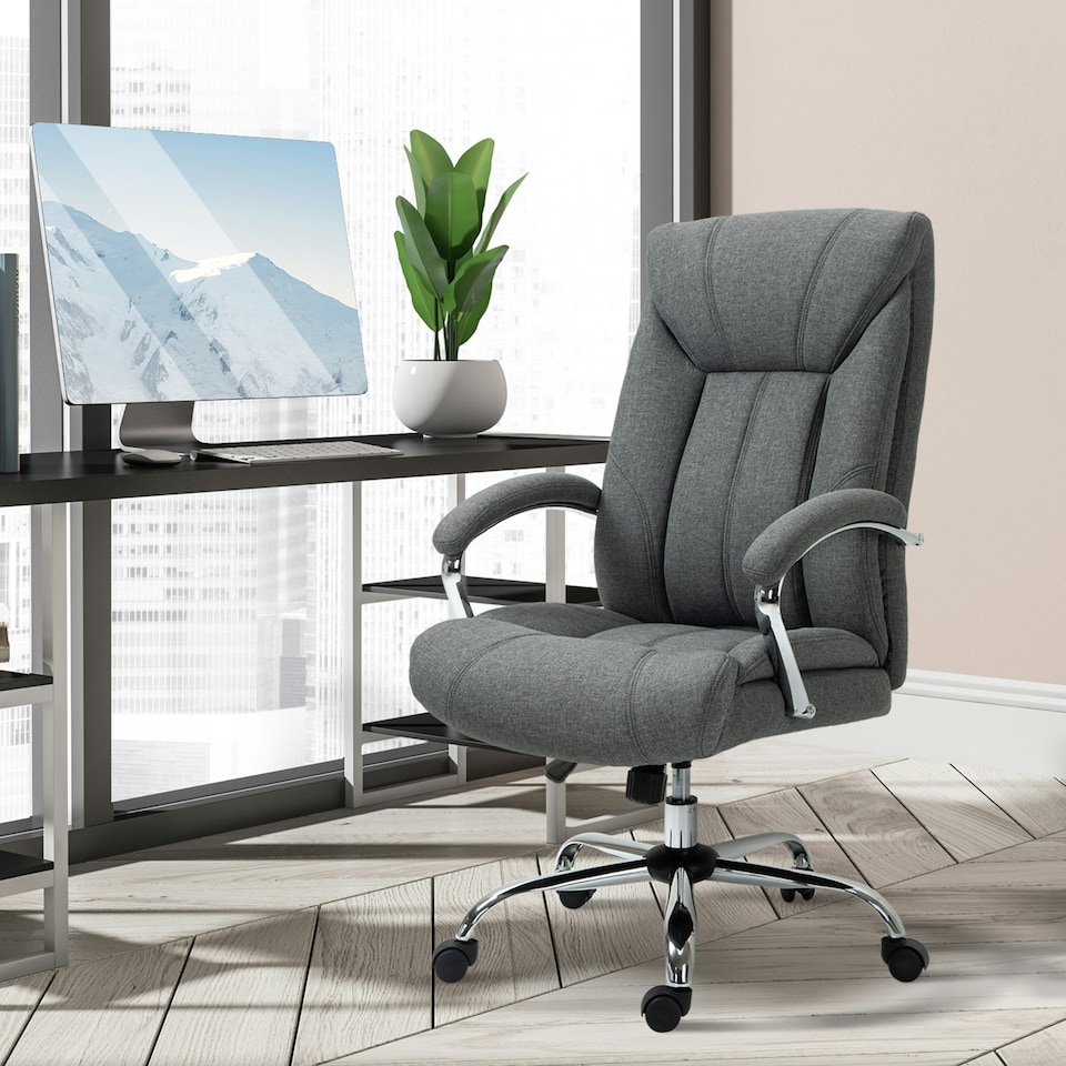 image 1 of Vinsetto High Back Home Office Chair Swivel Linen Fabric Desk Armchair, Grey