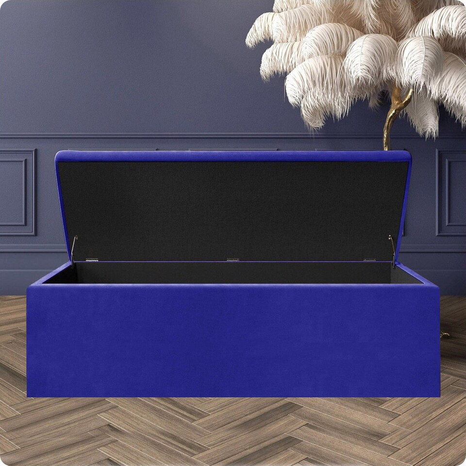 image 1 of 180cm Large Plain Safar Storage Ottoman Box, Sapphire Blue Plush Velvet Upholstered Deep Storage Ottoman End of Bed Bench